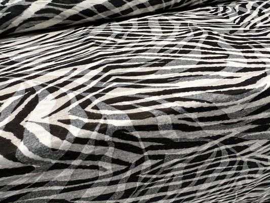 Lady K lightweight burnout single jersey fabric, per metre - stylised zebra print - black & white