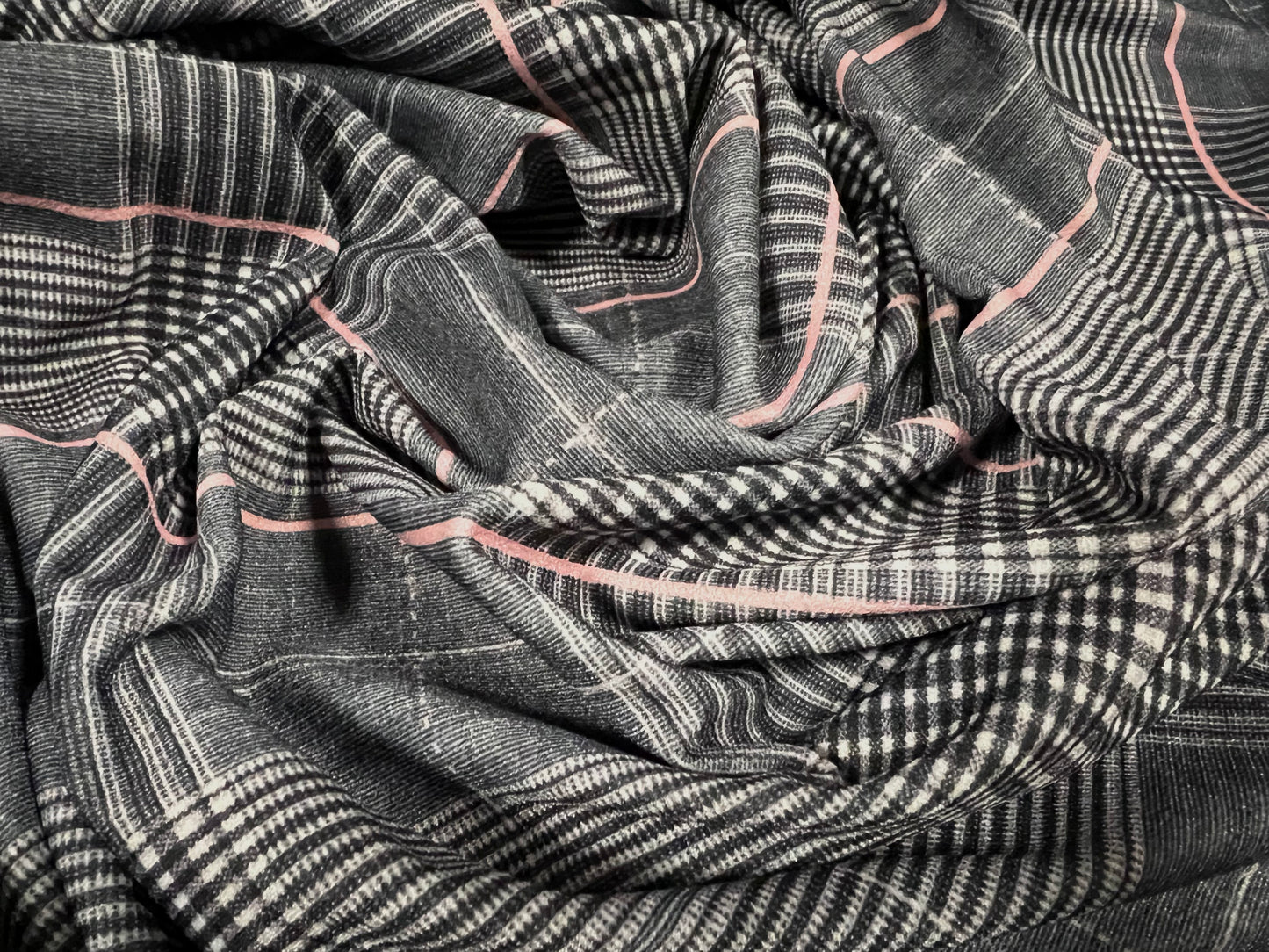 Valentino crepe stretch spandex jersey fabric, per metre - grey & pink Prince of Wales check