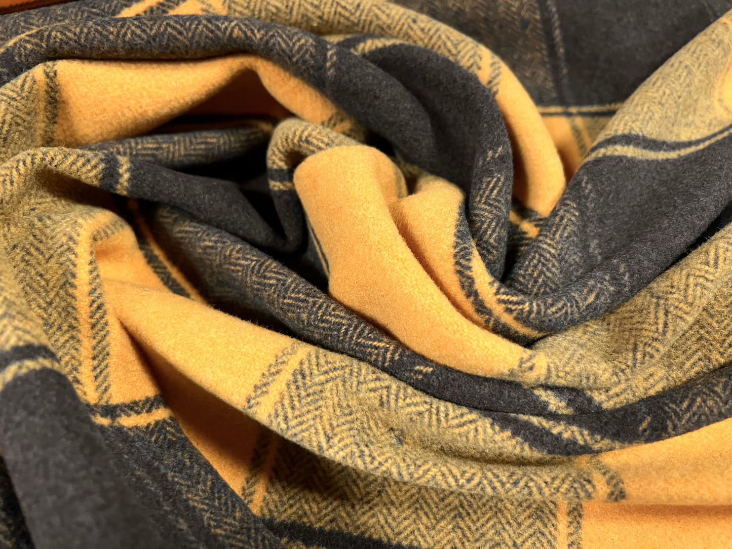 Wool brushed mouflon coat jacket fabric, per metre - herringbone check - mustard & charcoal