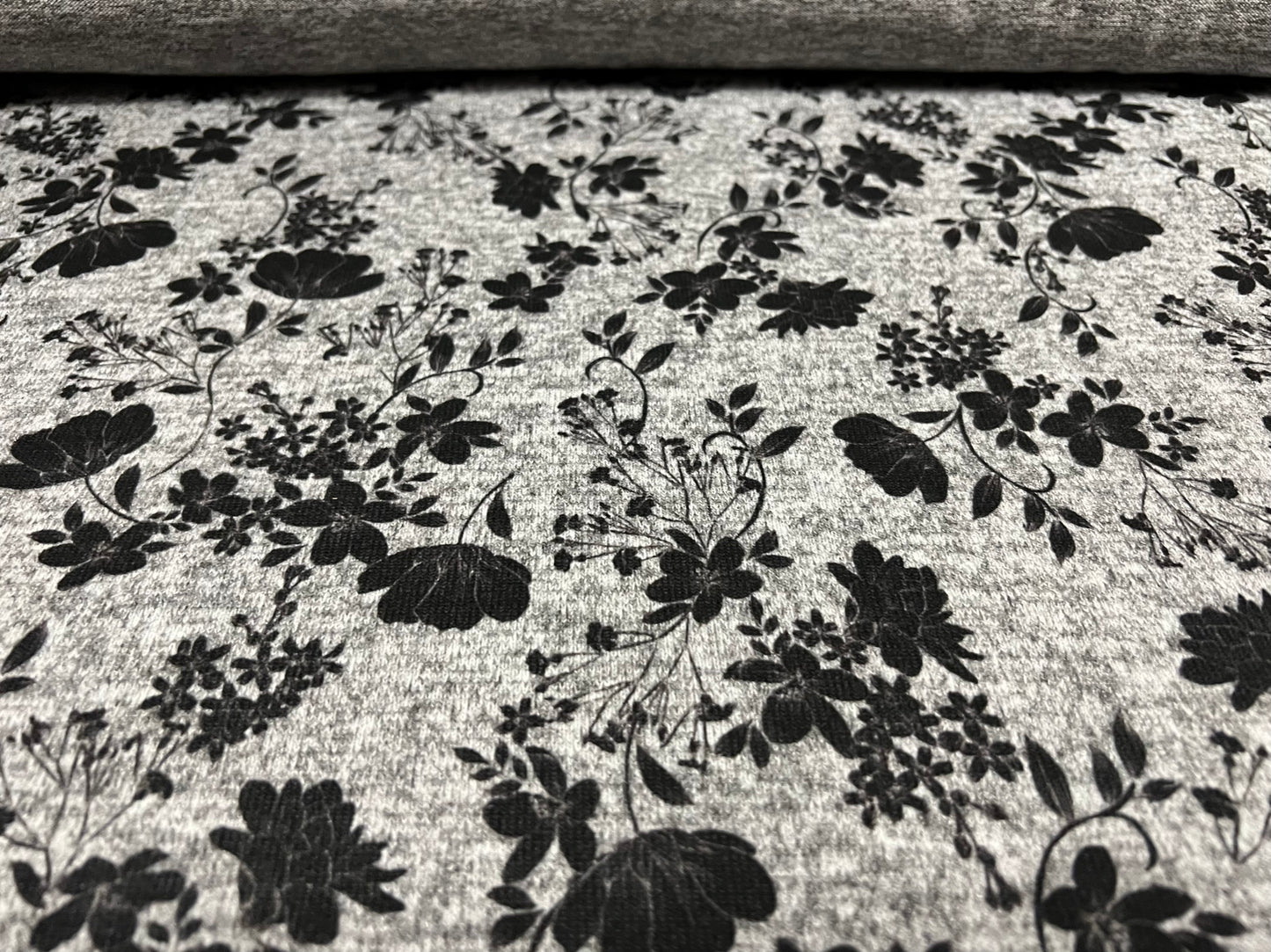 Super soft knitwear jersey fabric, per metre - flower print - grey marl & black