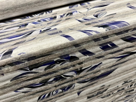 Soft handle ringspun single jersey fabric, per metre - floral stripe print - grey marl & blue