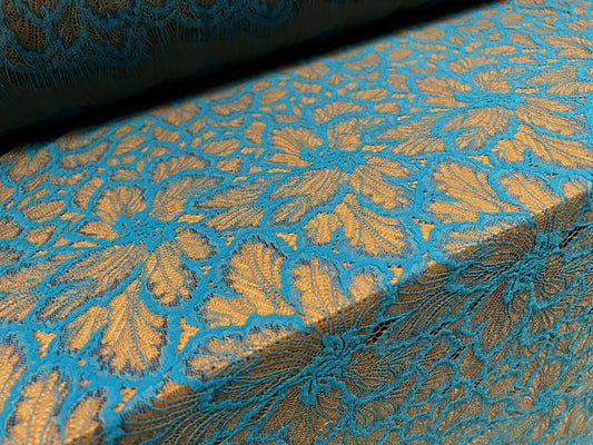 Embroidered lace fabric panel - 1.6 metre length, sold by the panel - blue