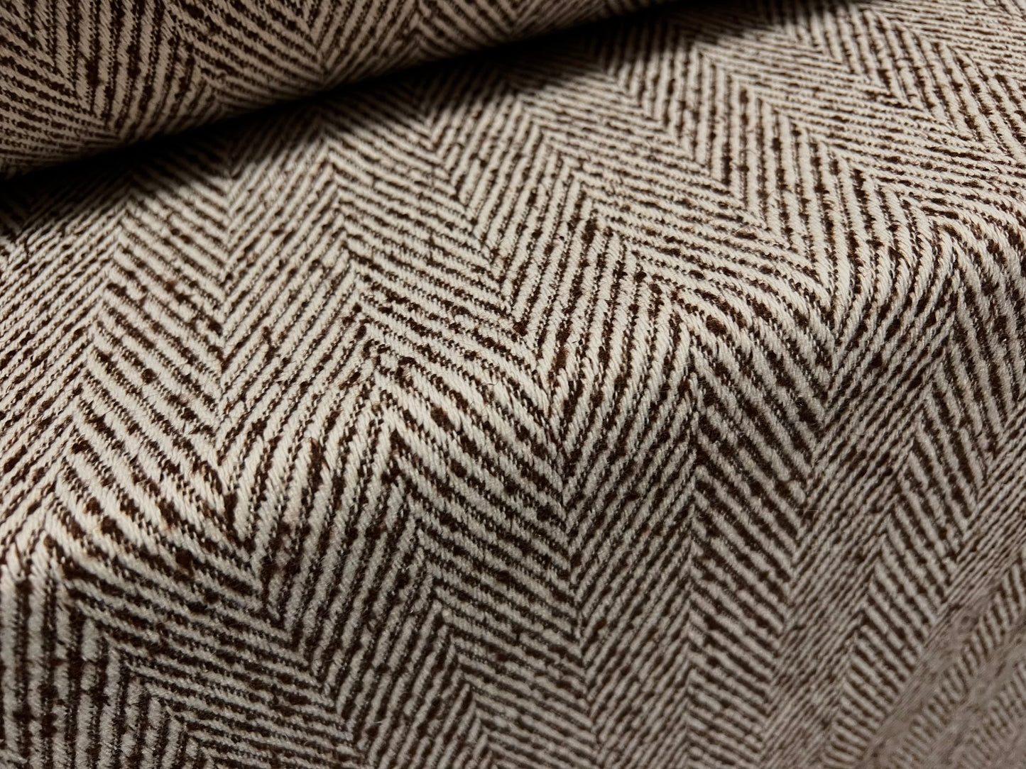 Wool jacquard woven fabric, per metre - herringbone slub - brown & ecru