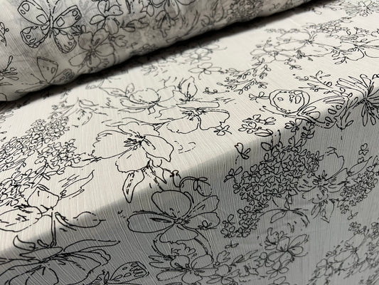 Printed chiffon yoryu dress blouse fabric, per metre - outline flower print - white & black