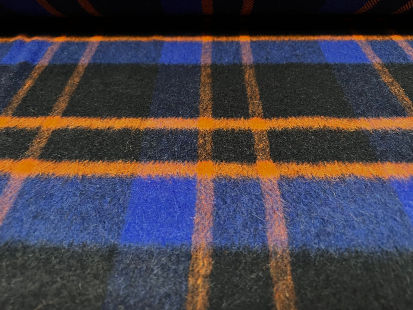 Wool brushed mouflon coat jacket fabric, per metre - check plaid - blue & orange