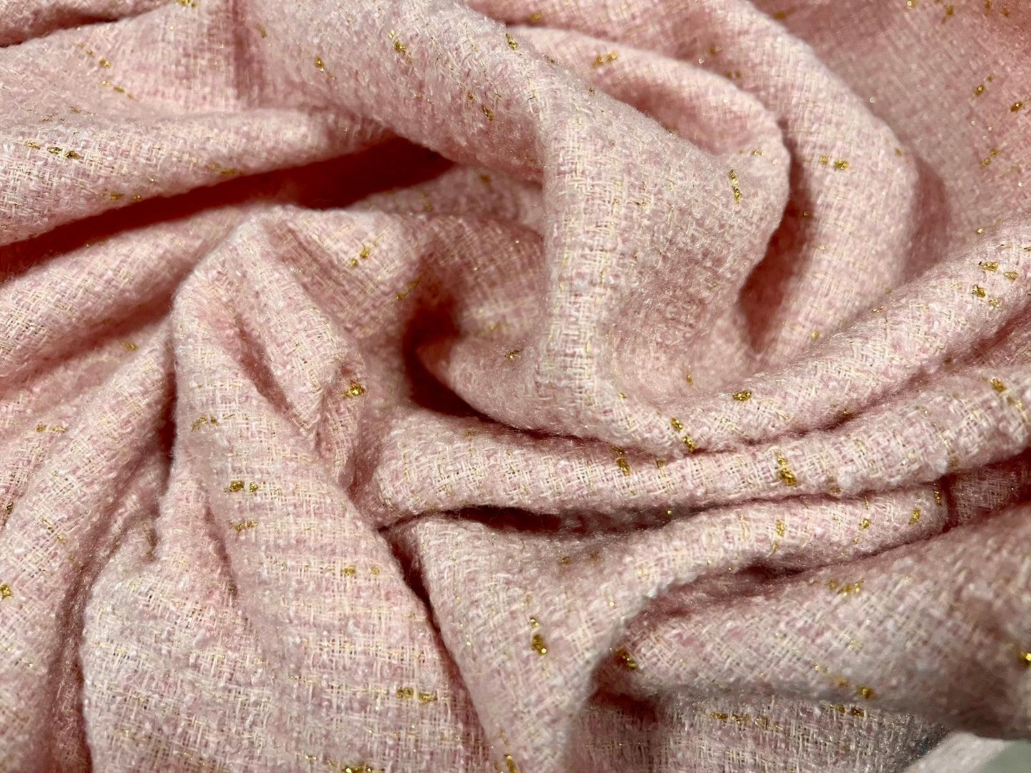 Wool blend bouclé heavyweight fabric with lurex sparkle, per metre - pink & gold metallic