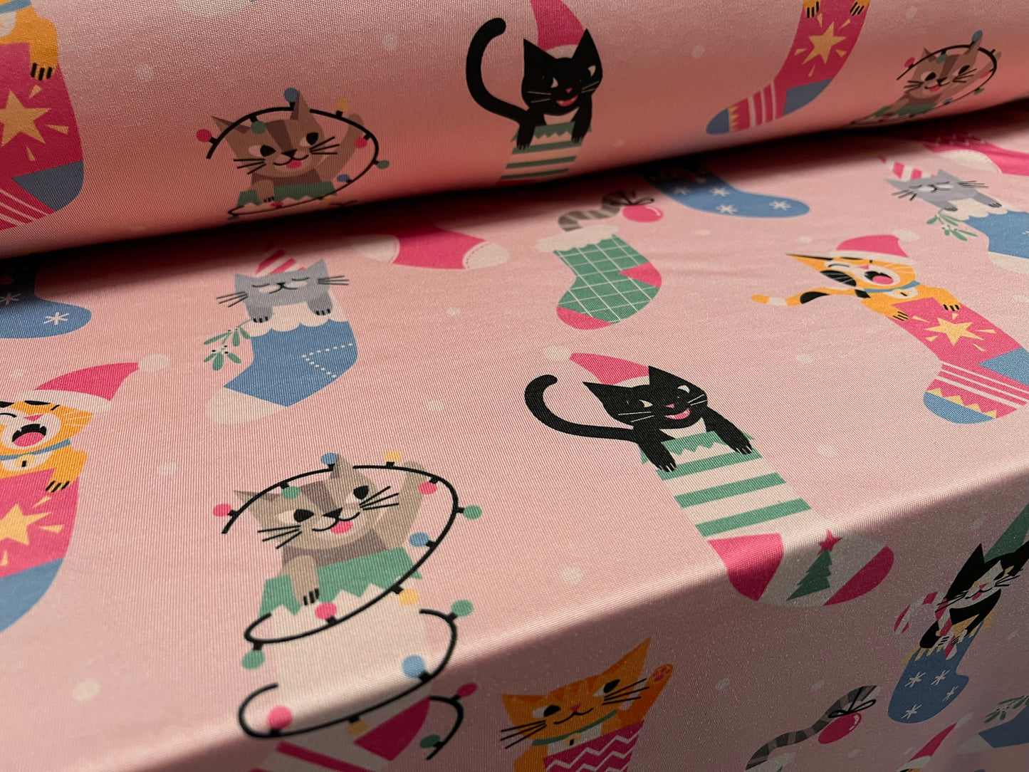 Stretch spandex single jersey fabric, per metre - Christmas kittens print - pink