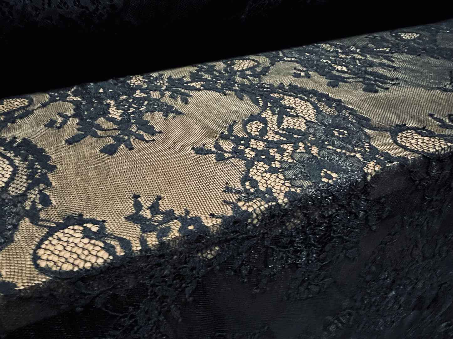 Sheer mesh lace fabric, per metre - paisley floral design - black