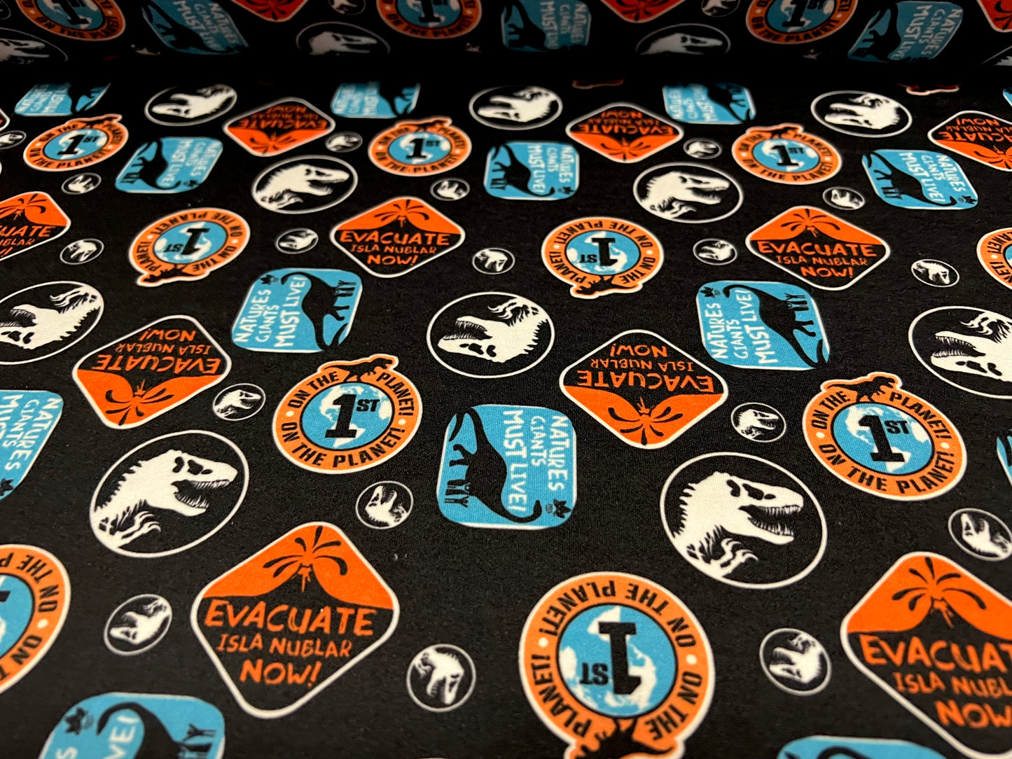 Scuba stretch spandex double jersey fabric, per metre - dinosaur children’s print - black & turquoise