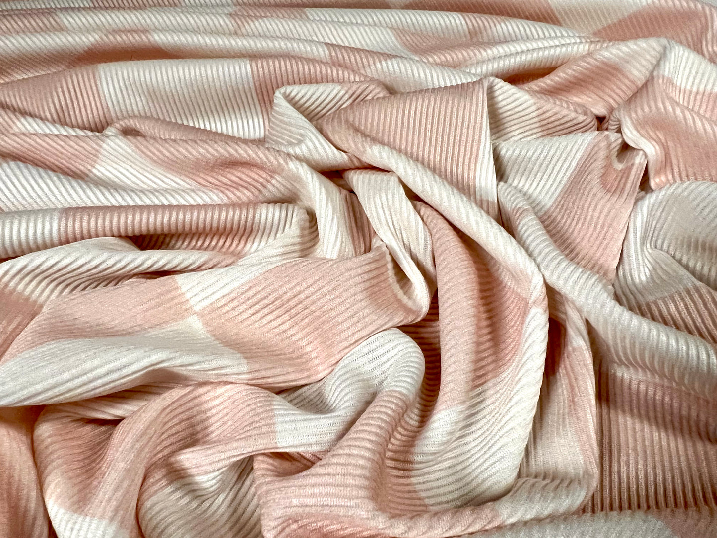 Stretch spandex rib jersey fabric, per metre - check squares print - ivory & pink