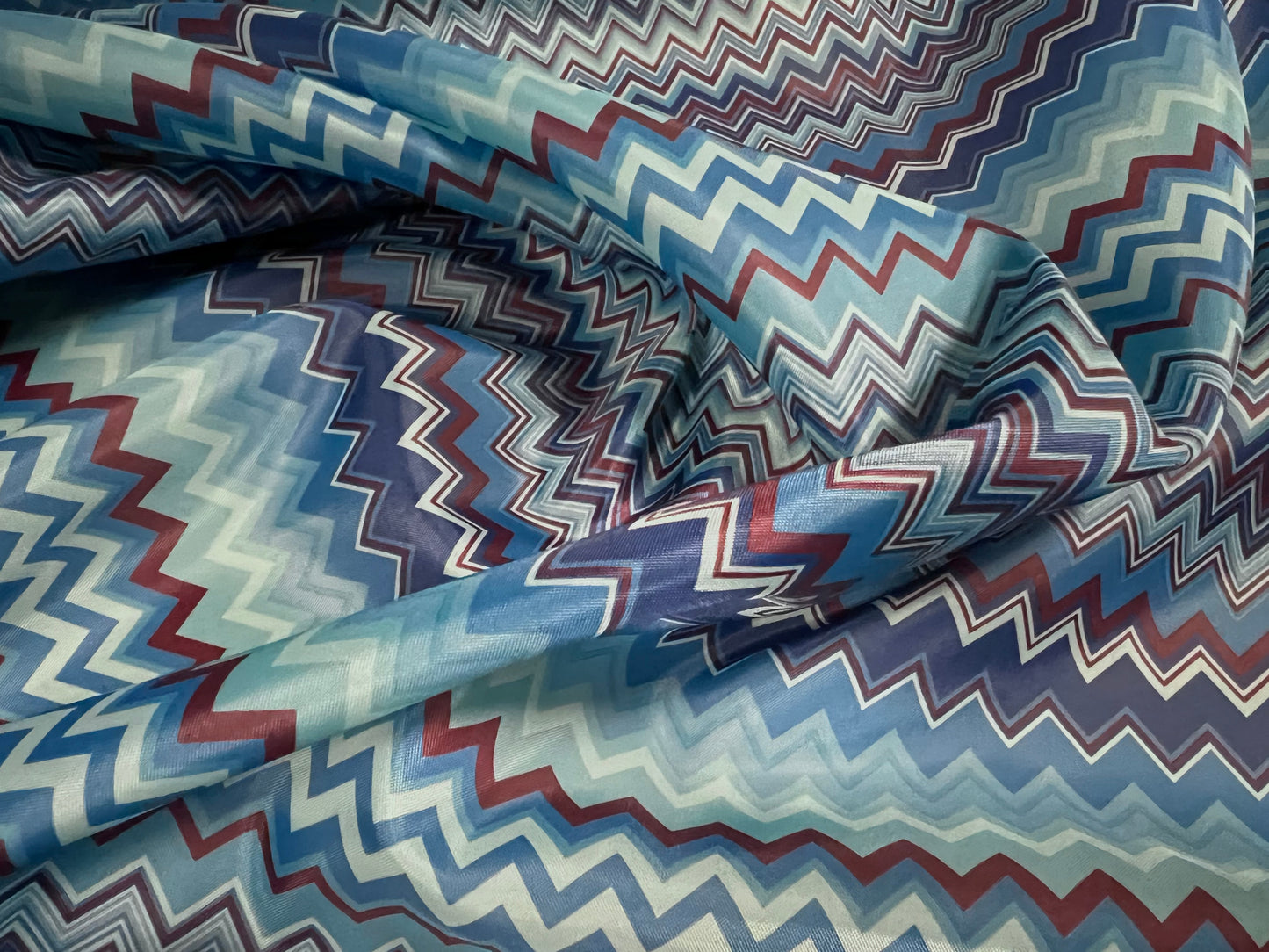 Woven polyester lining fabric, per metre - chevron print - turquoise, blue & wine