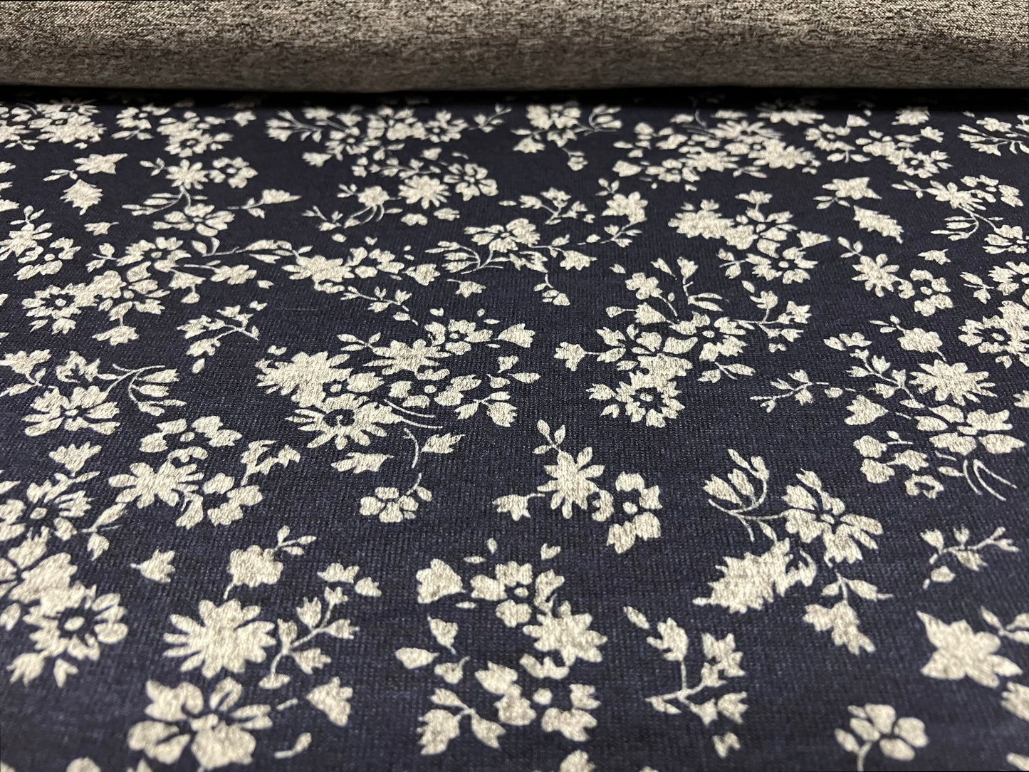 Super soft knitwear jersey fabric, per metre - flower print - navy blue & grey