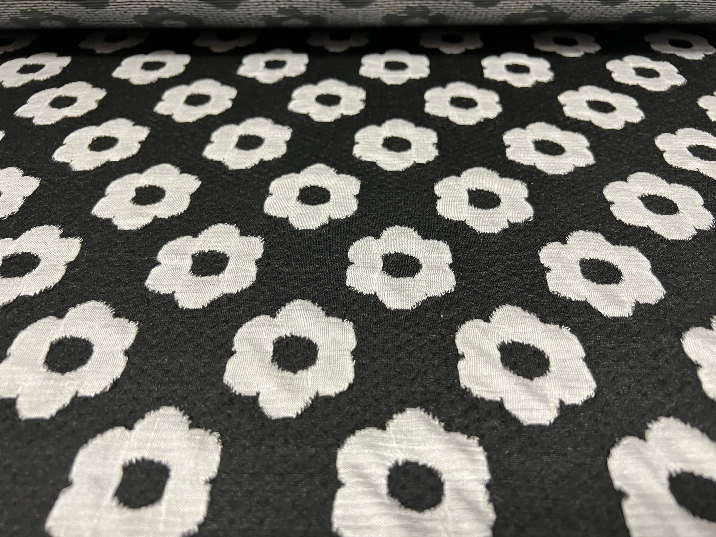 Double jersey spandex knitwear dress fabric, per metre - daisy flower jacquard - black and white