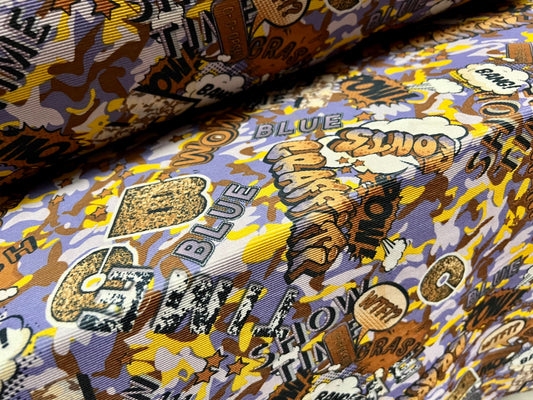 Fine Ottoman rib Stretch spandex jersey fabric , per metre - camouflage graffiti & speech bubbles print