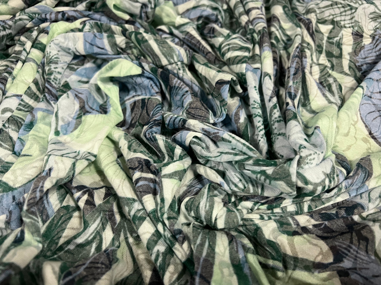 Lady K lightweight burnout single jersey fabric, per metre - jungle leaves print - blue & green