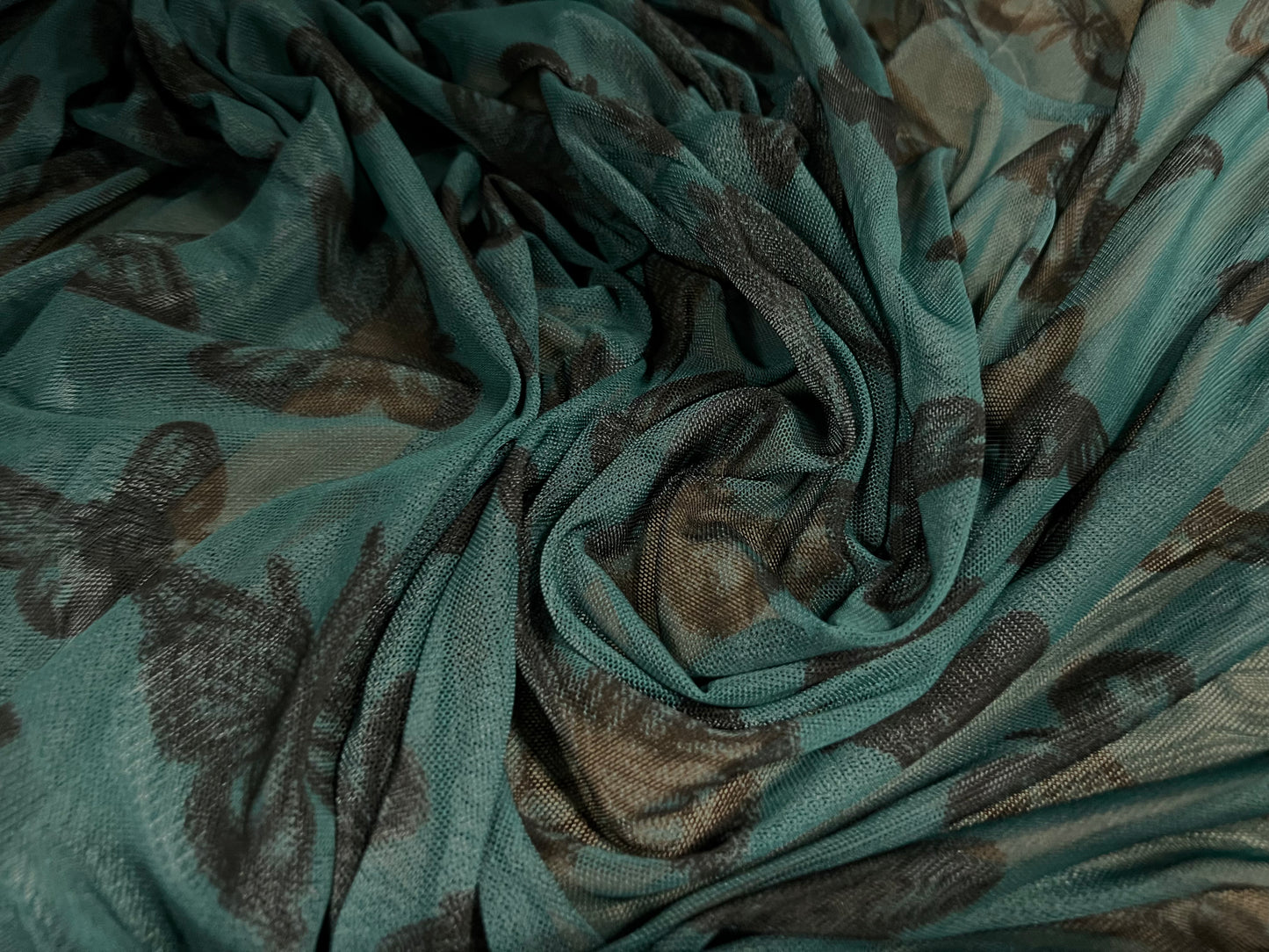 Power mesh net stretch spandex fabric, per metre - butterflies print - dark jade green