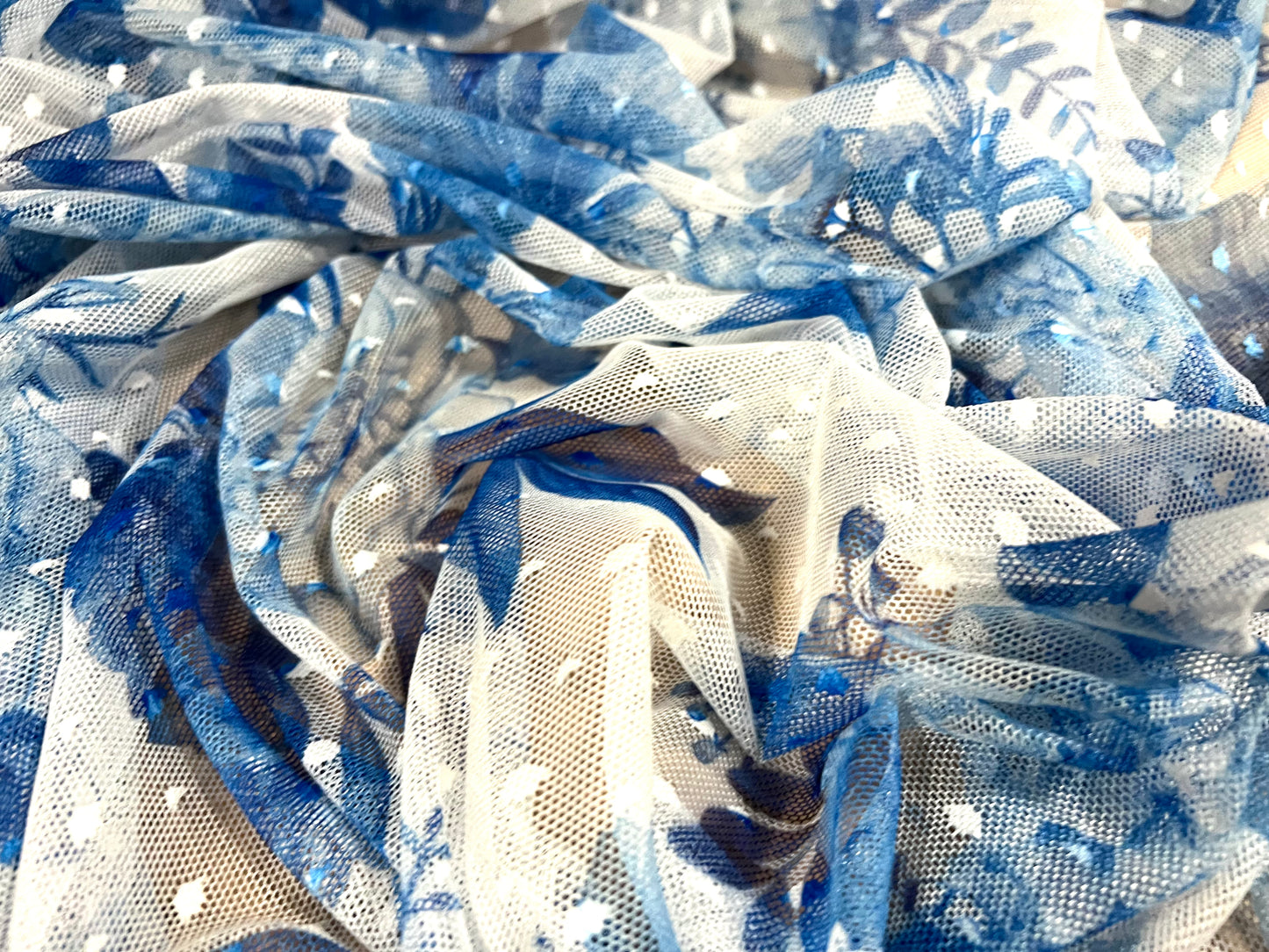 Power mesh net stretch spandex fabric, per metre - floral dobby - blue & white