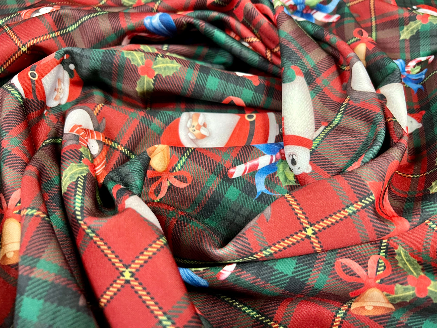 Scuba Neoprene style double jersey Stretch fabric, per metre - Santa Claus Christmas print - red tartan