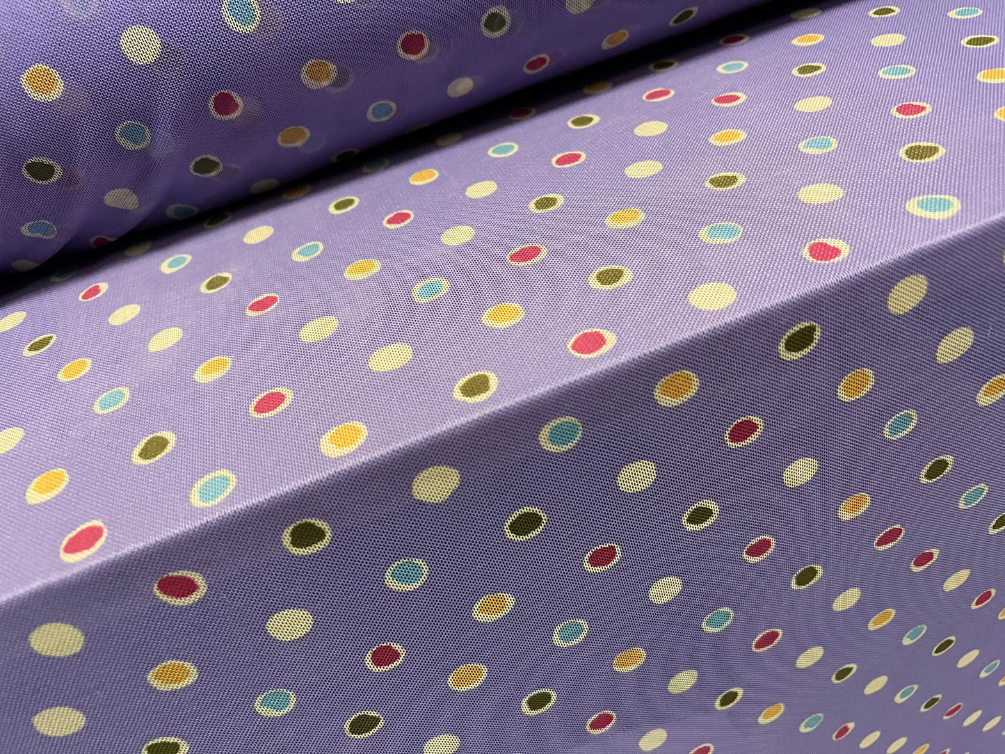 Power mesh net stretch spandex fabric, per metre - spots print - lavender