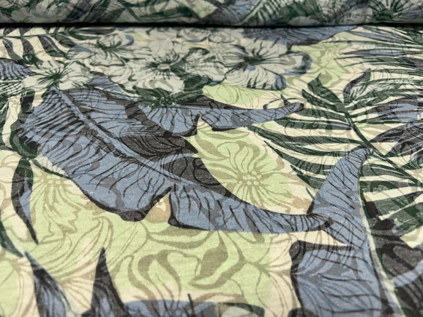 Lady K lightweight burnout single jersey fabric, per metre - jungle leaves print - blue & green