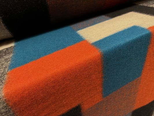 Dutton - Wool mouflon flannel fabric, 80cm length - jumbo patchwork design - terracotta blue grey