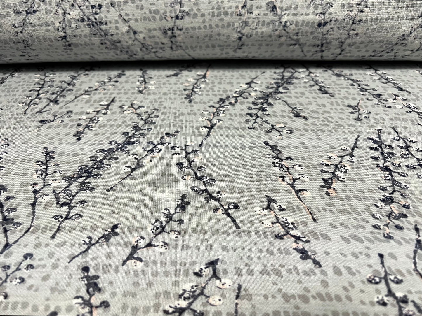 Jennifer lightweight cotton blend single jersey fabric, per metre - pussy willow blossom print - light grey & navy blue