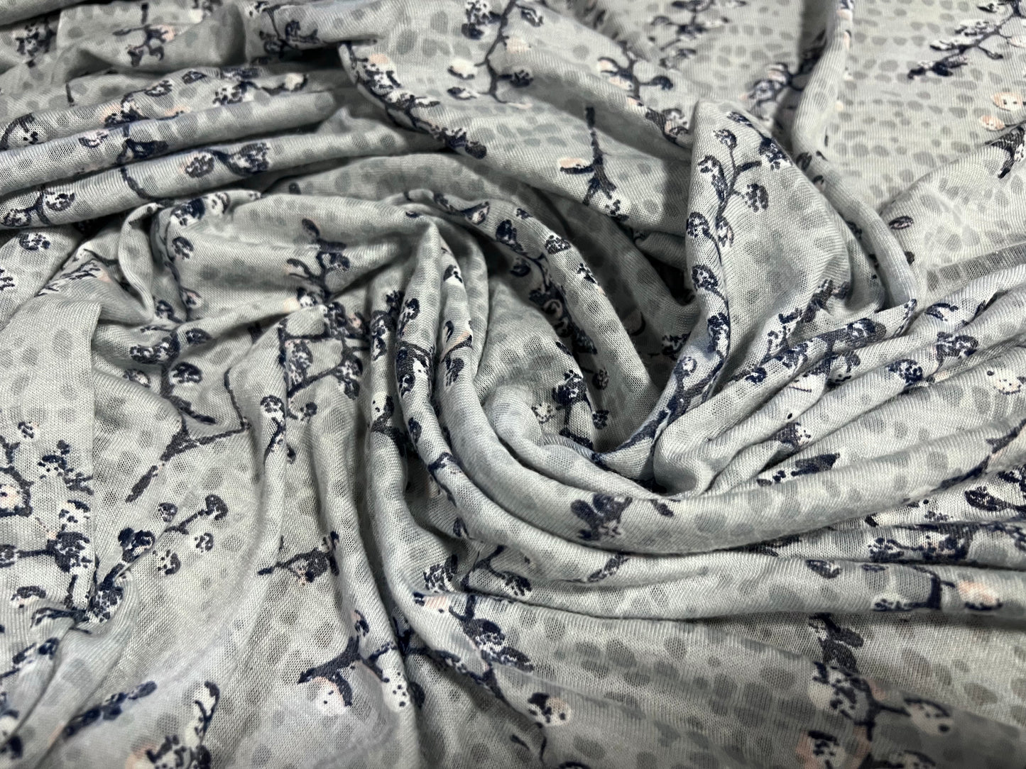 Jennifer lightweight cotton blend single jersey fabric, per metre - pussy willow blossom print - light grey & navy blue