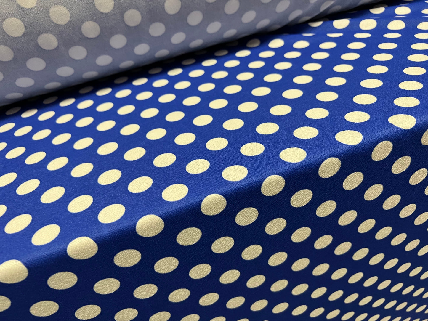 Scuba crepe stretch spandex double jersey dress fabric, per metre  - polka dot print - Royal blue & white