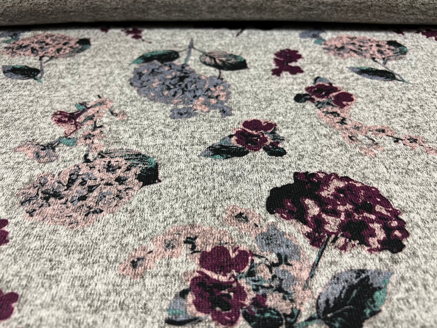 Super soft knitwear jersey fabric, per metre - flower print - grey marl & damson