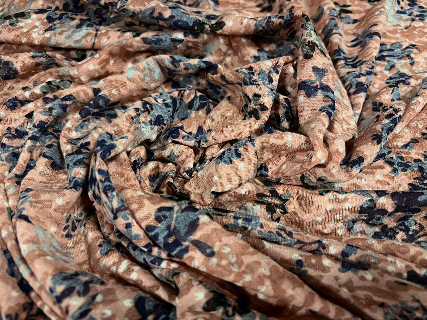 Lady K lightweight burnout single jersey fabric, per metre - floral print - dusky pink & navy