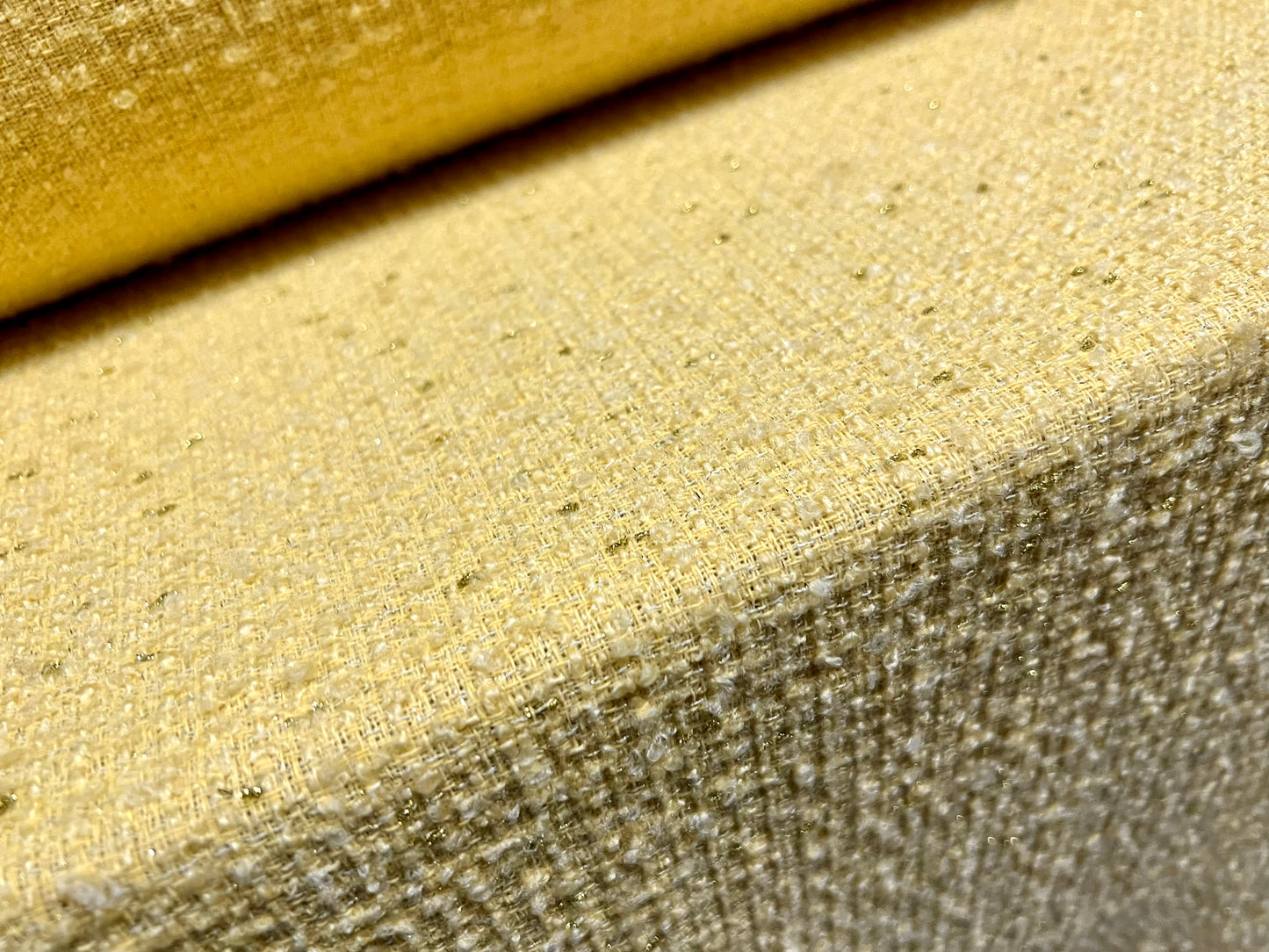 Wool blend bouclé heavyweight fabric with lurex sparkle, per metre - yellow & gold metallic