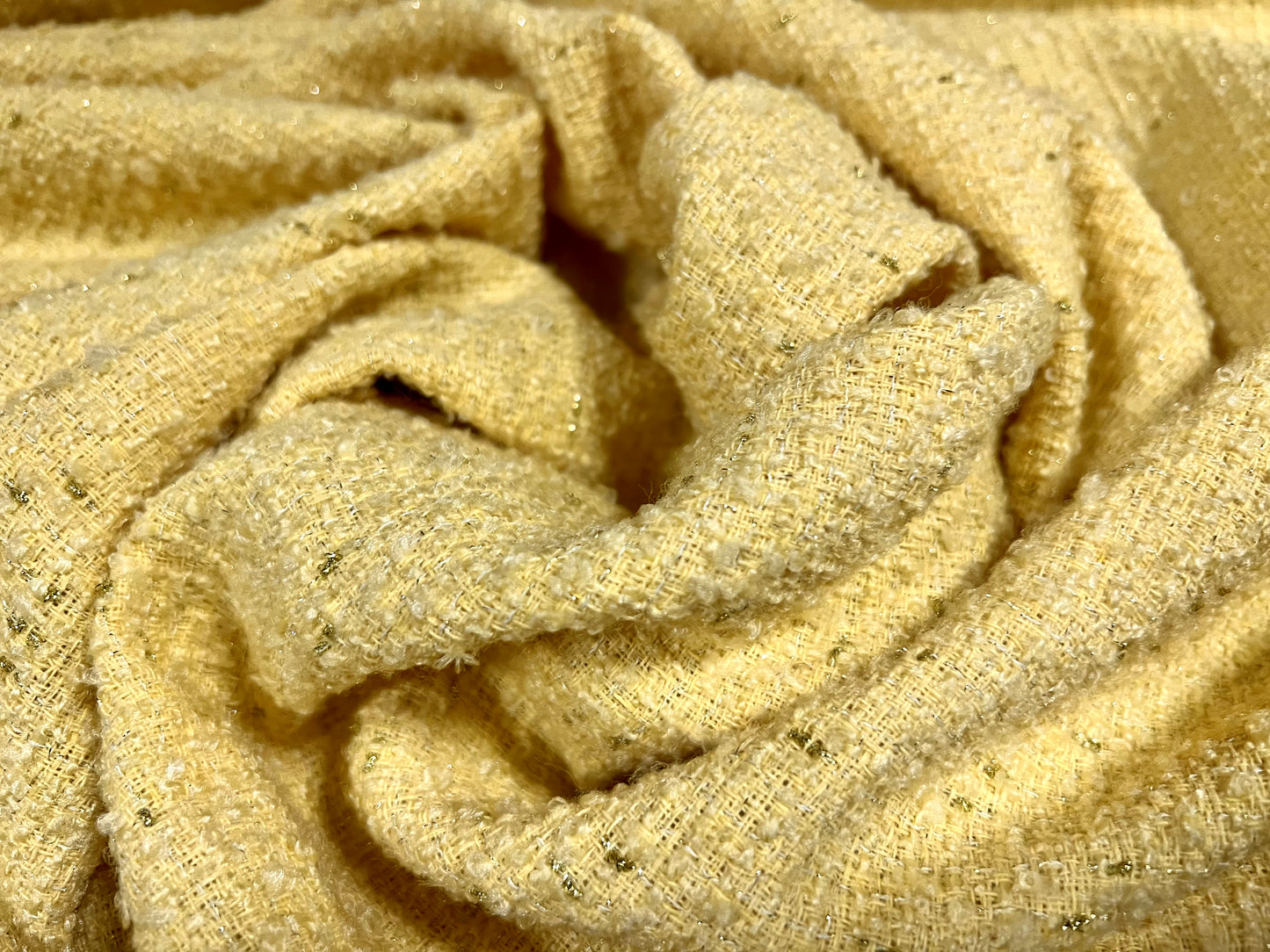 Wool blend bouclé heavyweight fabric with lurex sparkle, per metre - yellow & gold metallic