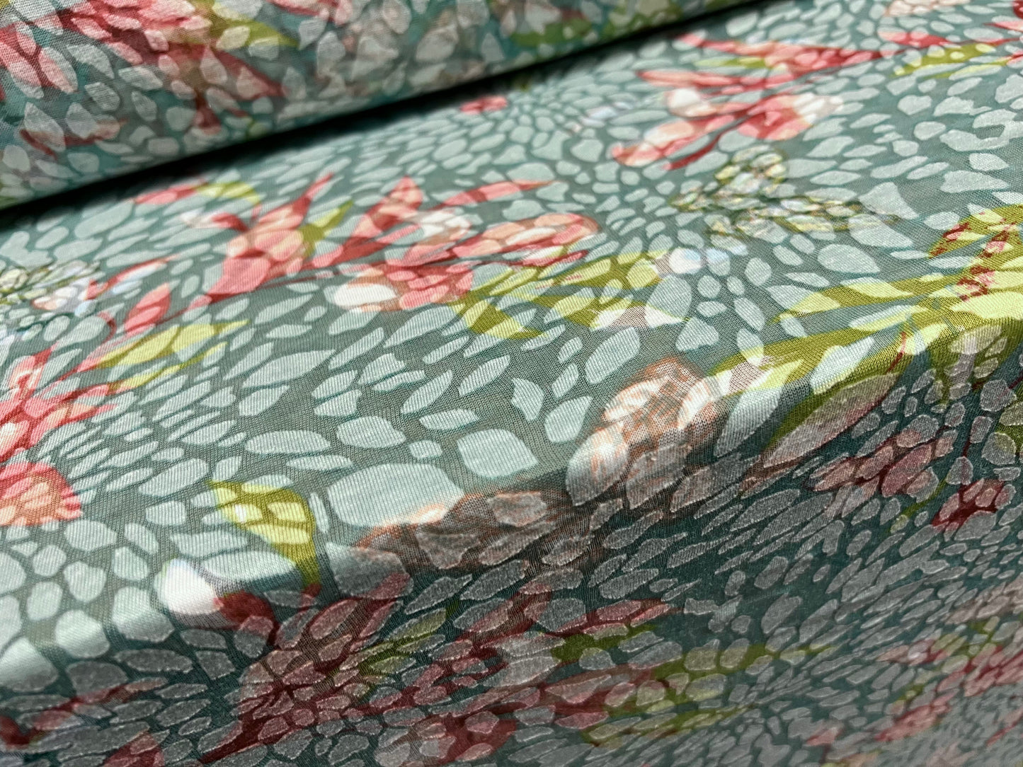 Lady K lightweight burnout single jersey fabric, per metre - petals & flowers print - aqua & pink