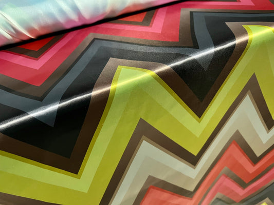 Silky satin woven fabric, per metre - jumbo zigzag print - multicolour