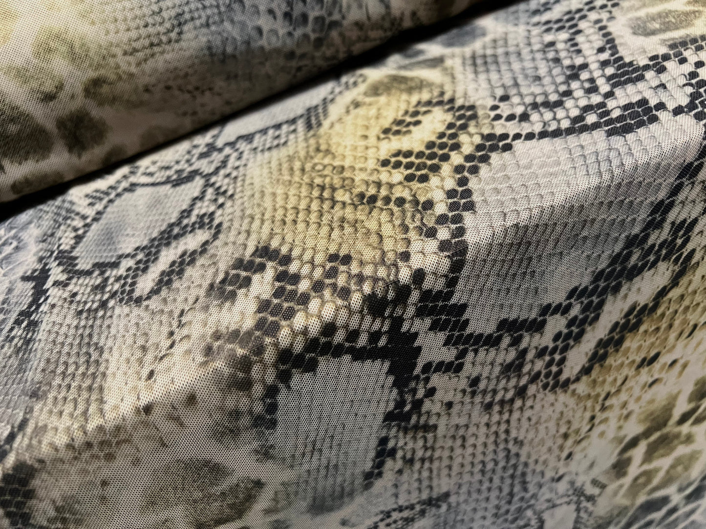 Power mesh net sheer stretch spandex fabric, per metre - distressed snakeskin print - khaki green & charcoal grey