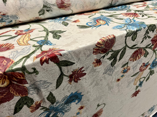 Lady K lightweight burnout single jersey fabric, per metre - double border floral paisley print - ecru & turquoise