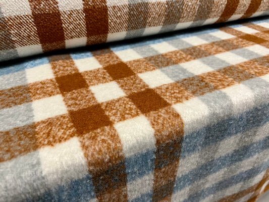 Wool flannel mouflon brushed woven fabric, per metre - check plaid - blue brown & white