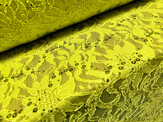 Stretch spandex Lace dress fabric with sequins, per metre - lime