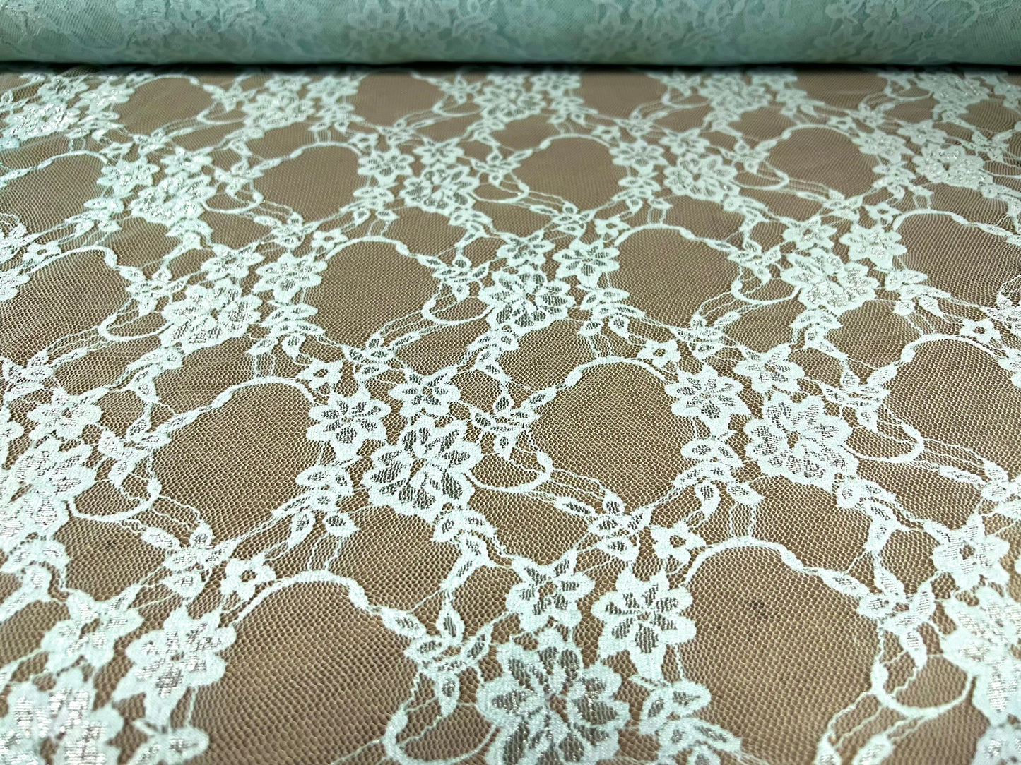 Stretch spandex mesh lace net fabric, per metre - flower design - aqua