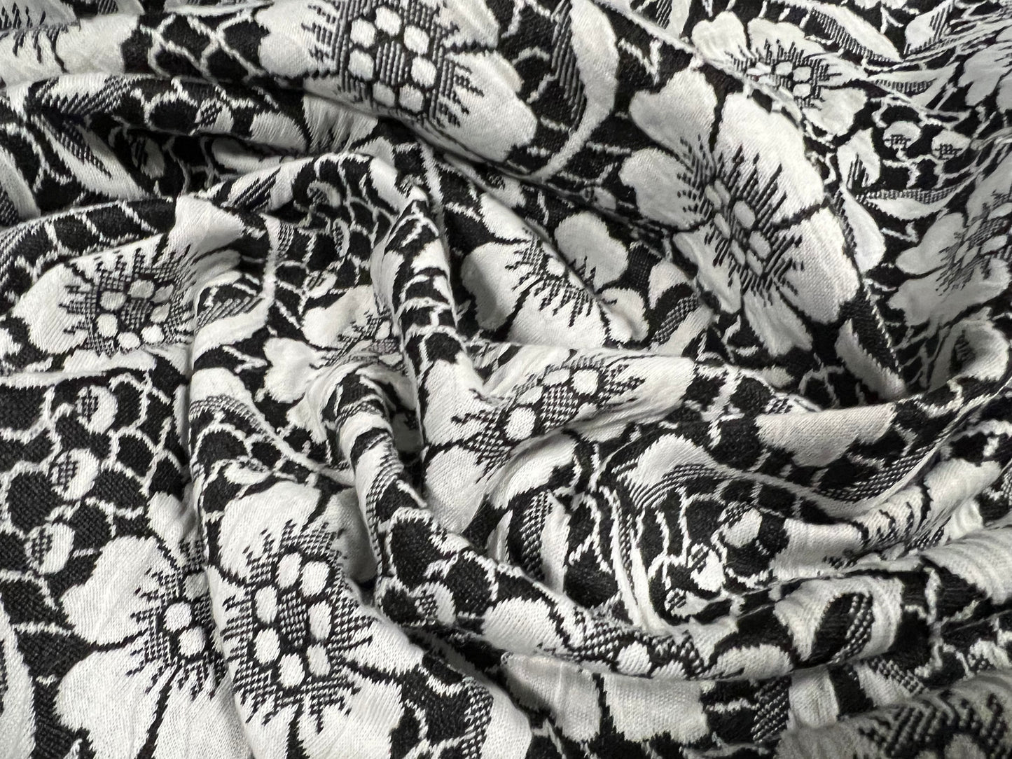 Double jersey spandex knitwear dress fabric, per metre - flower jacquard - black and white