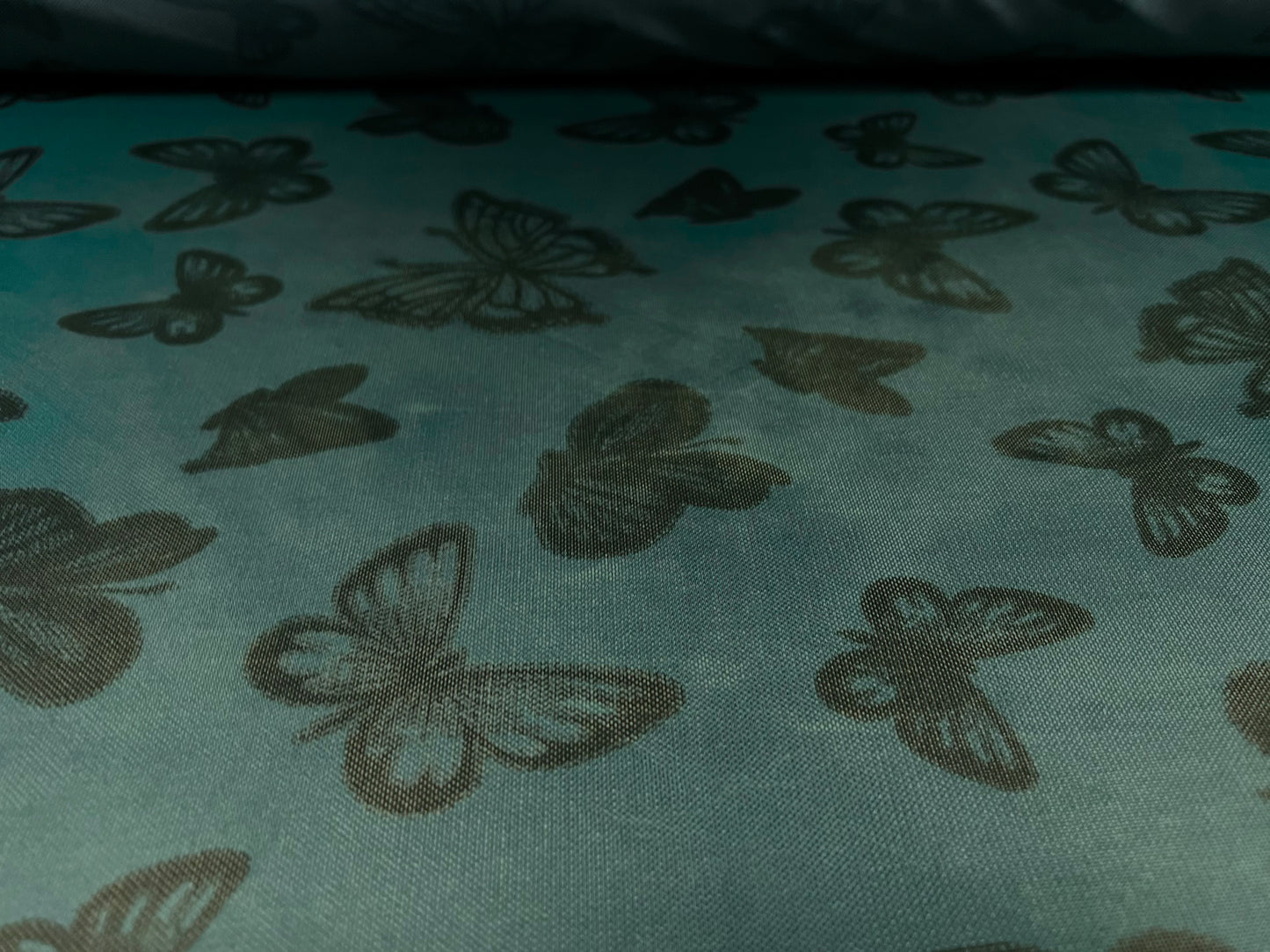 Power mesh net stretch spandex fabric, per metre - butterflies print - dark jade green