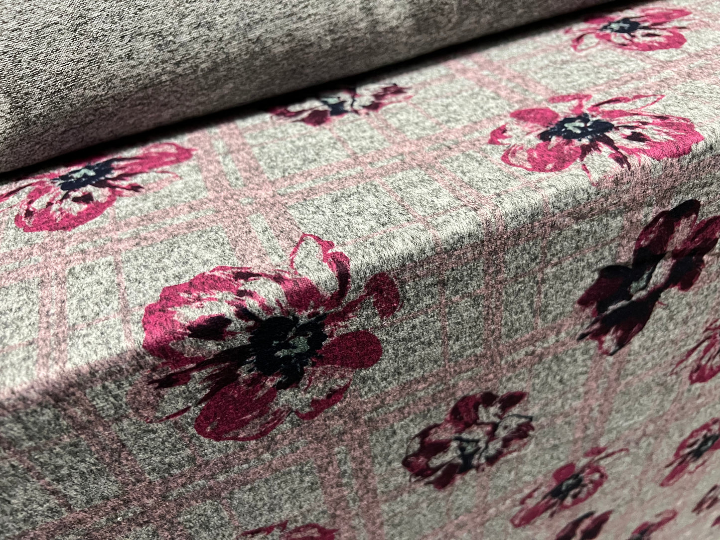 Super soft knitwear jersey fabric, per metre - floral check print - grey marl & magenta