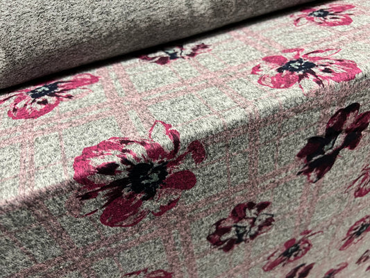 Super soft knitwear jersey fabric, per metre - floral check print - grey marl & magenta