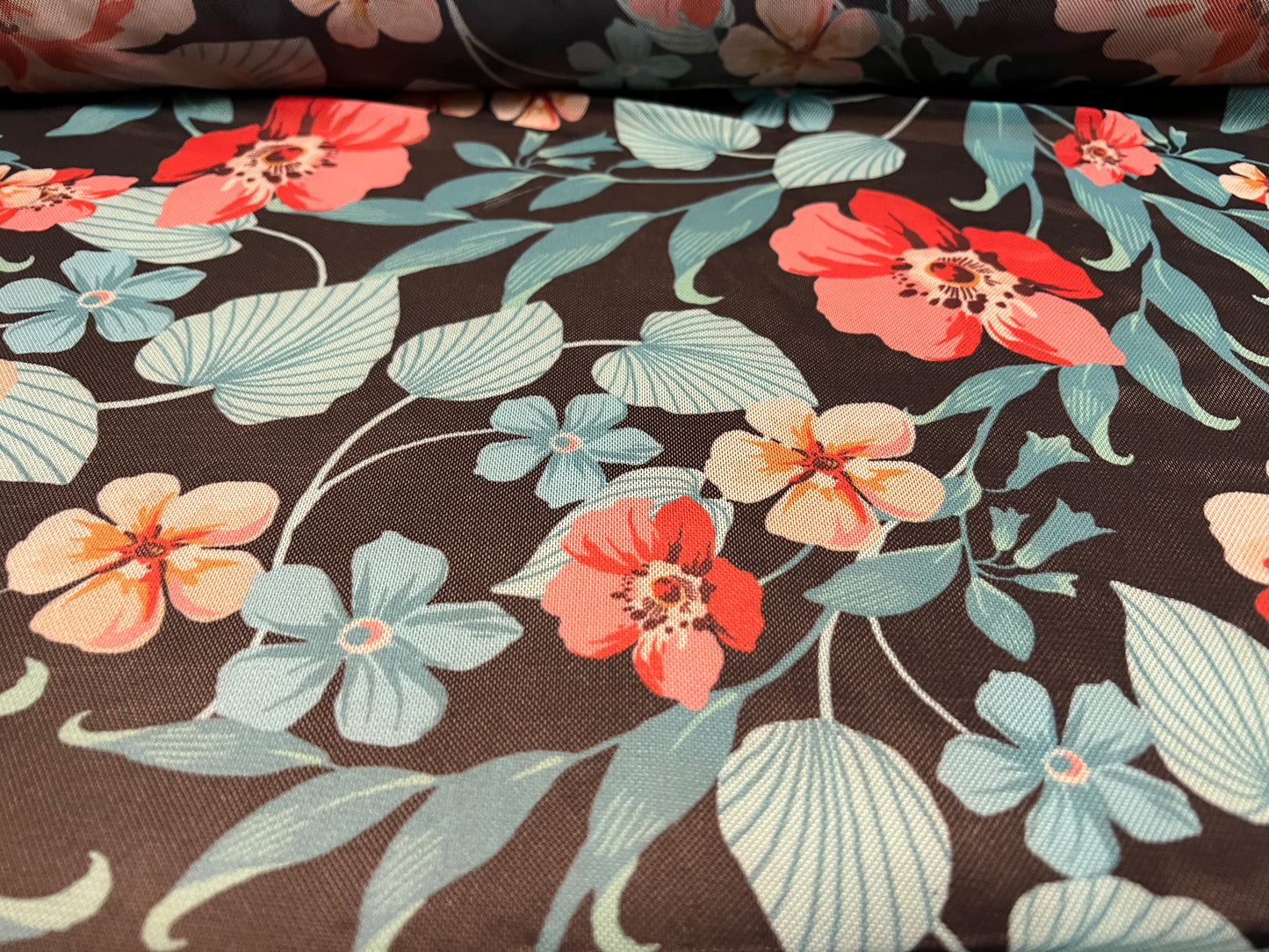 Power mesh net stretch spandex fabric, per metre - tropical flowers print - black jade & pink print