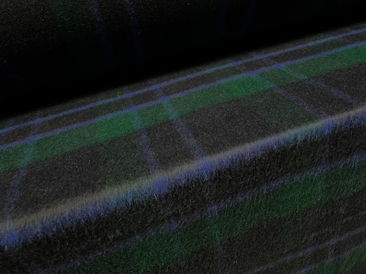 Wool mouflon flannel fabric, per metre - tartan check - navy blue & green