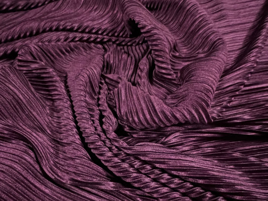 Fine Plissé pleated satin dress fabric, per metre - plain - damson