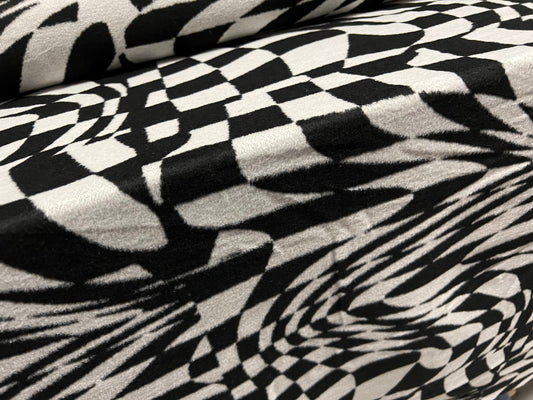 Wool mouflon flannel fabric, per metre - psychedelic swinging sixties jacquard - black & white