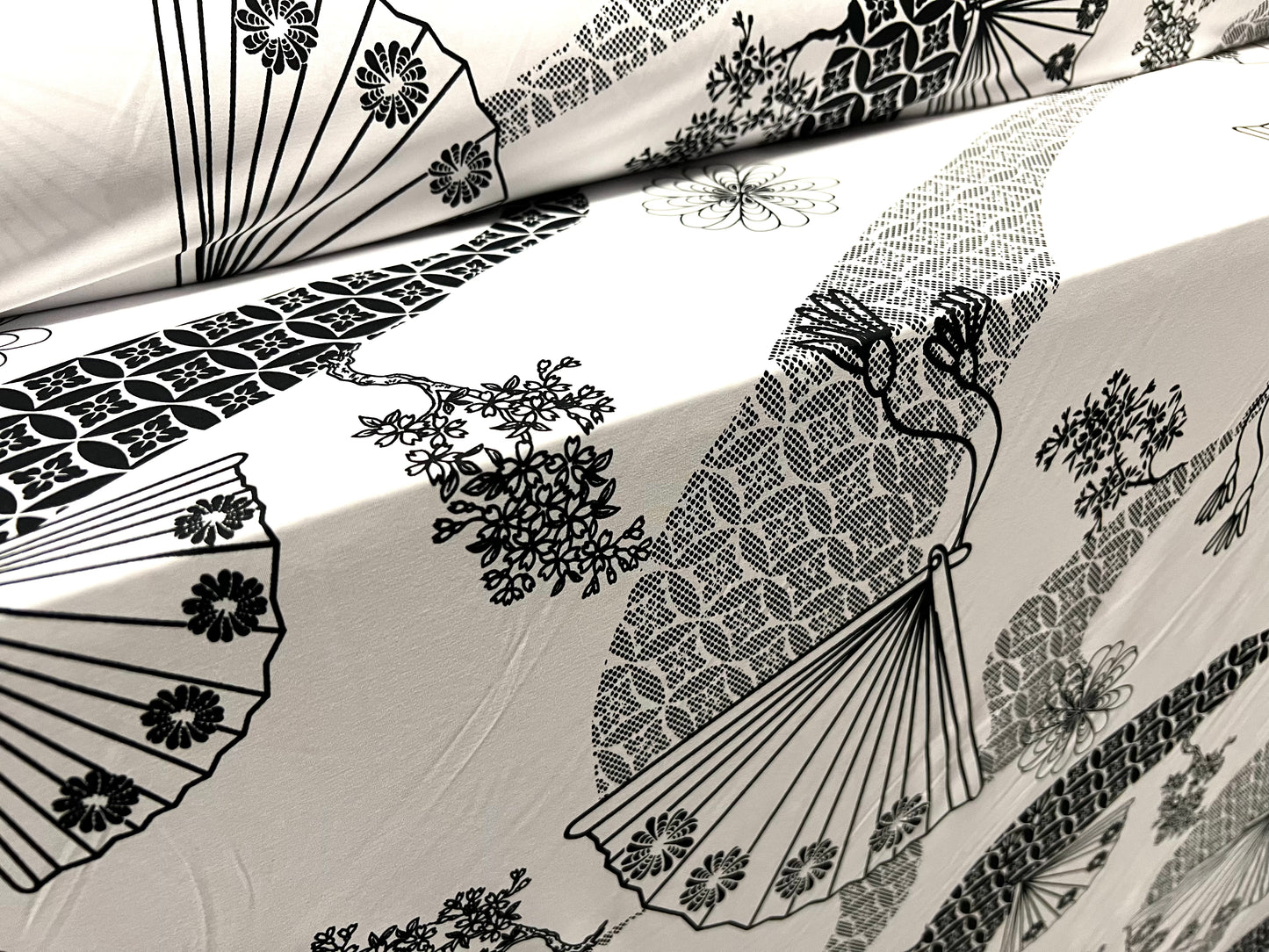 Soft touch stretch spandex jersey fabric, per metre - print - floral fan print - monochrome