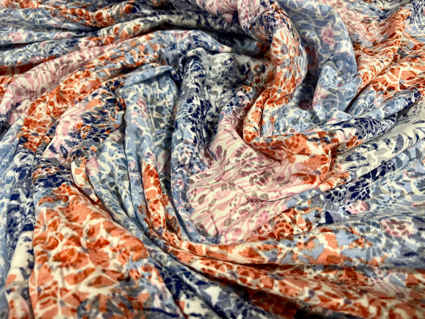 Lady Jessica lightweight burnout single jersey fabric, per metre - stylised floral print - blue & orange