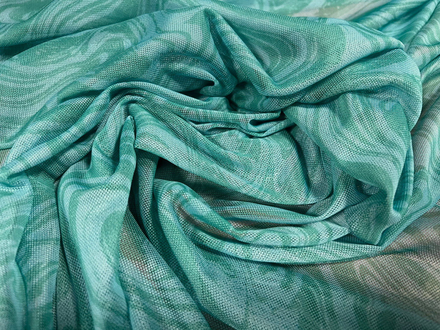 Power mesh net stretch spandex fabric, per metre - retro swirl print - turquoise & green